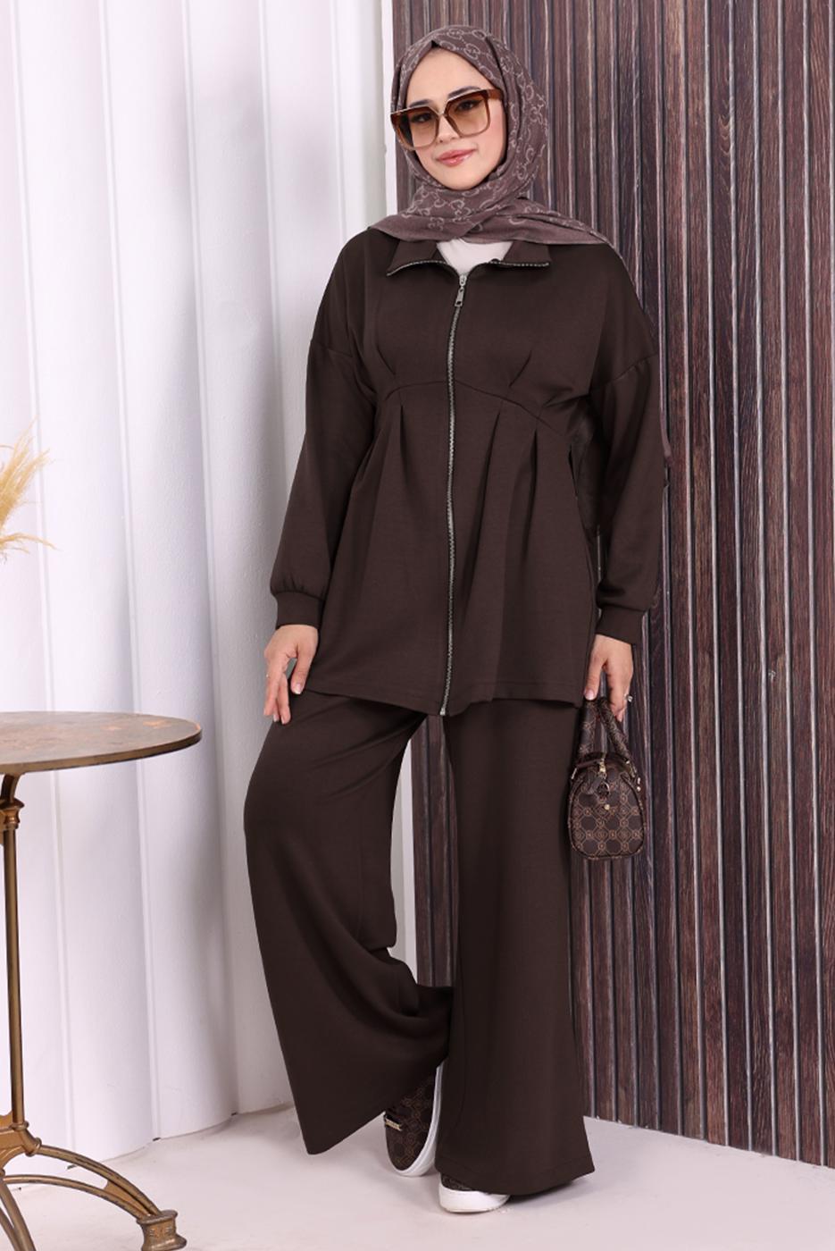 Tesettür giyim KAHVE PANTOLONLU FERMUARLI TAKIM T 8506