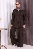 Tesettür giyim KAHVE PANTOLONLU FERMUARLI TAKIM T 8506
