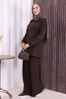 Tesettür giyim KAHVE PANTOLONLU FERMUARLI TAKIM T 8506