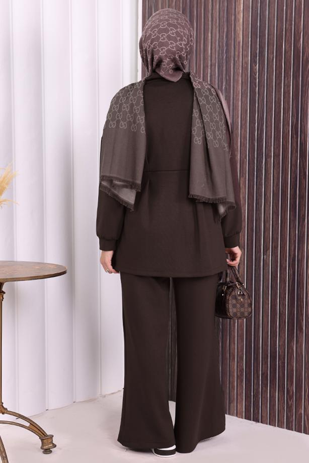 Tesettür giyim KAHVE T 8506 BYM PANTOLONLU TAKIM - TRENDTESETTÜR