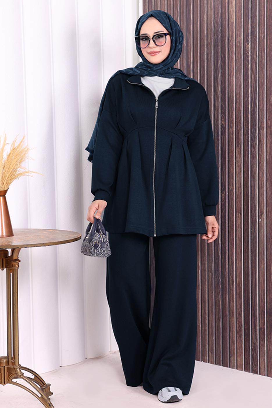 Tesettür giyim LACİVERT PANTOLONLU FERMUARLI TAKIM T 8506