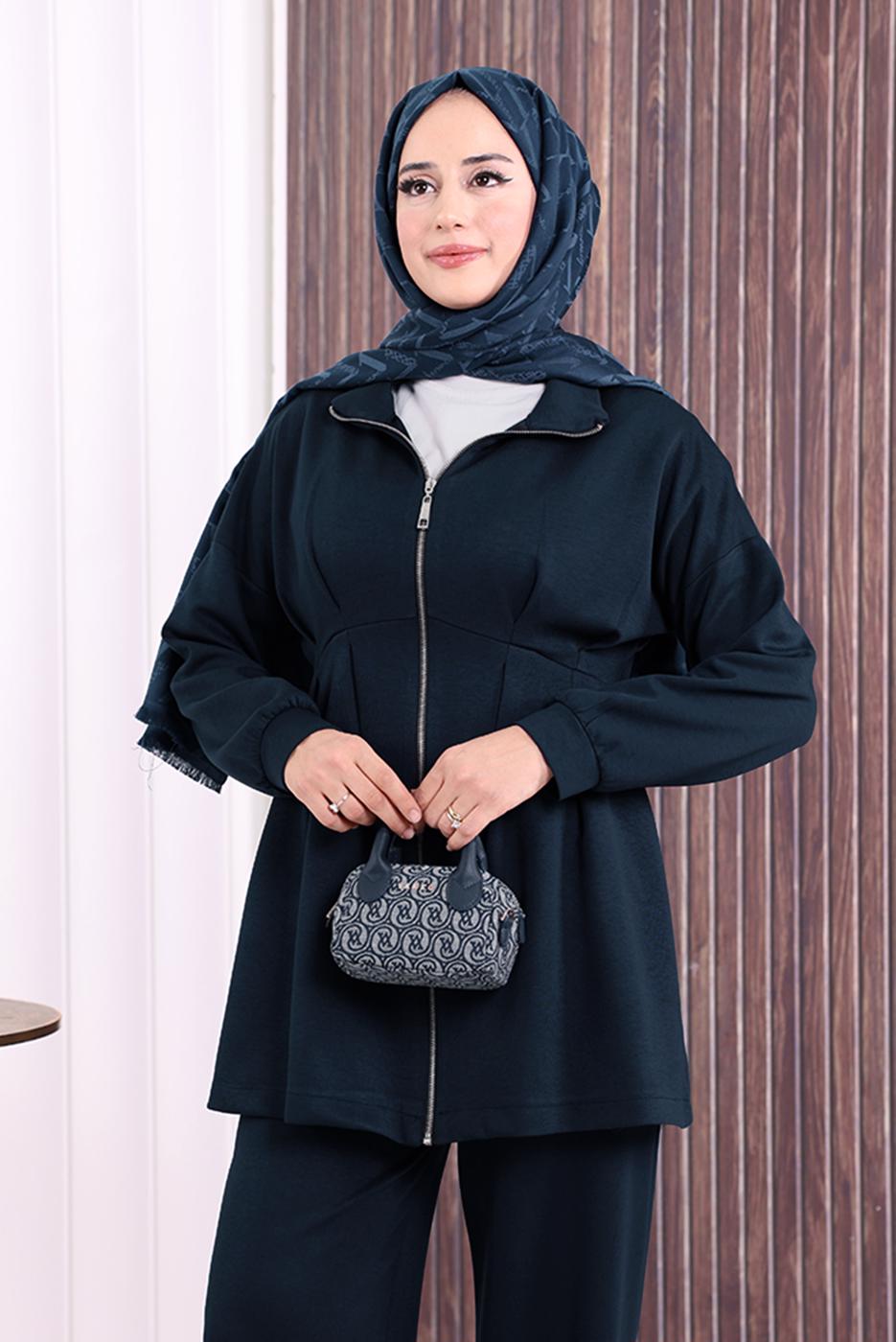 Tesettür giyim LACİVERT PANTOLONLU FERMUARLI TAKIM T 8506