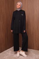 Tesettür giyim SİYAH KAPÜŞONLU PANTOLONLU TAKIM T 8535