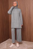 Tesettür giyim GRİ KAPÜŞONLU PANTOLONLU TAKIM T 8535