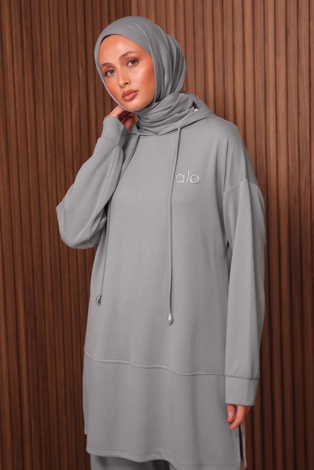 Hijab clothing GREY HOODED PANTSUIT T 8535 - TRENDTESETTÜR