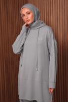 Tesettür giyim GRİ KAPÜŞONLU PANTOLONLU TAKIM T 8535