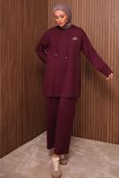 Tesettür giyim BORDO KAPÜŞONLU PANTOLONLU TAKIM T 8535