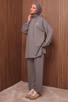 Tesettür giyim VİZON KAPÜŞONLU PANTOLONLU TAKIM T 8535
