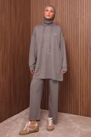 Tesettür giyim VİZON KAPÜŞONLU PANTOLONLU TAKIM T 8535