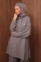 Tesettür giyim VİZON KAPÜŞONLU PANTOLONLU TAKIM T 8535