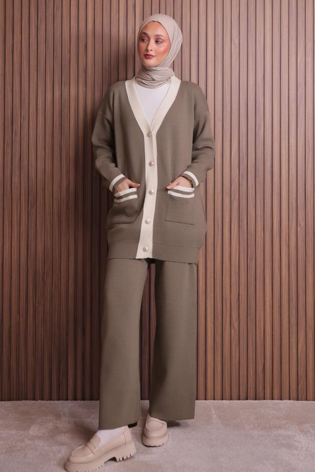 Tesettür giyim VİZON PANTOLONLU TAKIM T 8607 - TRENDTESETTÜR