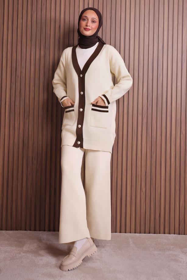 Tesettür giyim BEJ PANTOLONLU TAKIM T 8607 - TRENDTESETTÜR