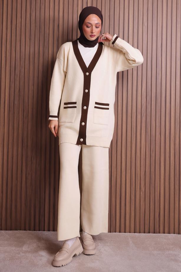 Tesettür giyim BEJ PANTOLONLU TAKIM T 8607 - TRENDTESETTÜR