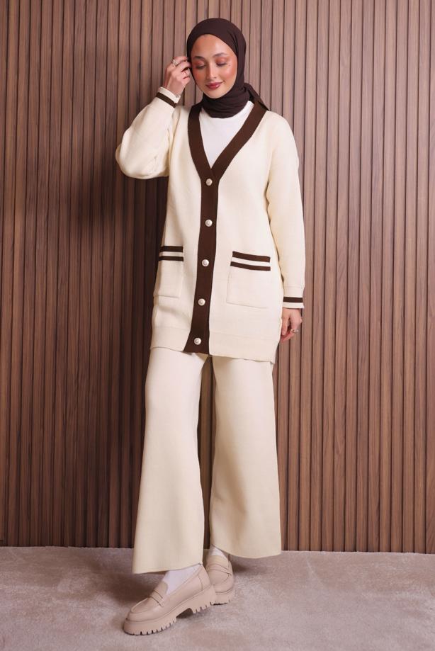 Tesettür giyim BEJ PANTOLONLU TAKIM T 8607 - TRENDTESETTÜR