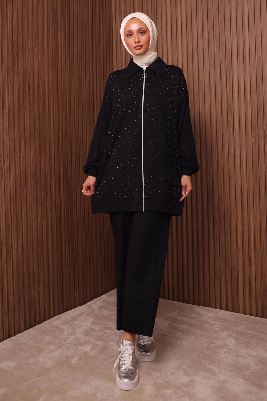 Tesettür giyim SİYAH TAŞ BASKILI PANTOLONLU TAKIM T 9035