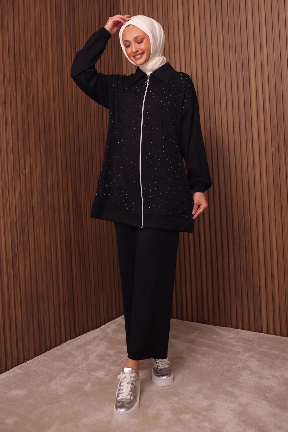Tesettür giyim SİYAH TAŞ BASKILI PANTOLONLU TAKIM T 9035