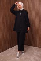 Tesettür giyim SİYAH TAŞ BASKILI PANTOLONLU TAKIM T 9035