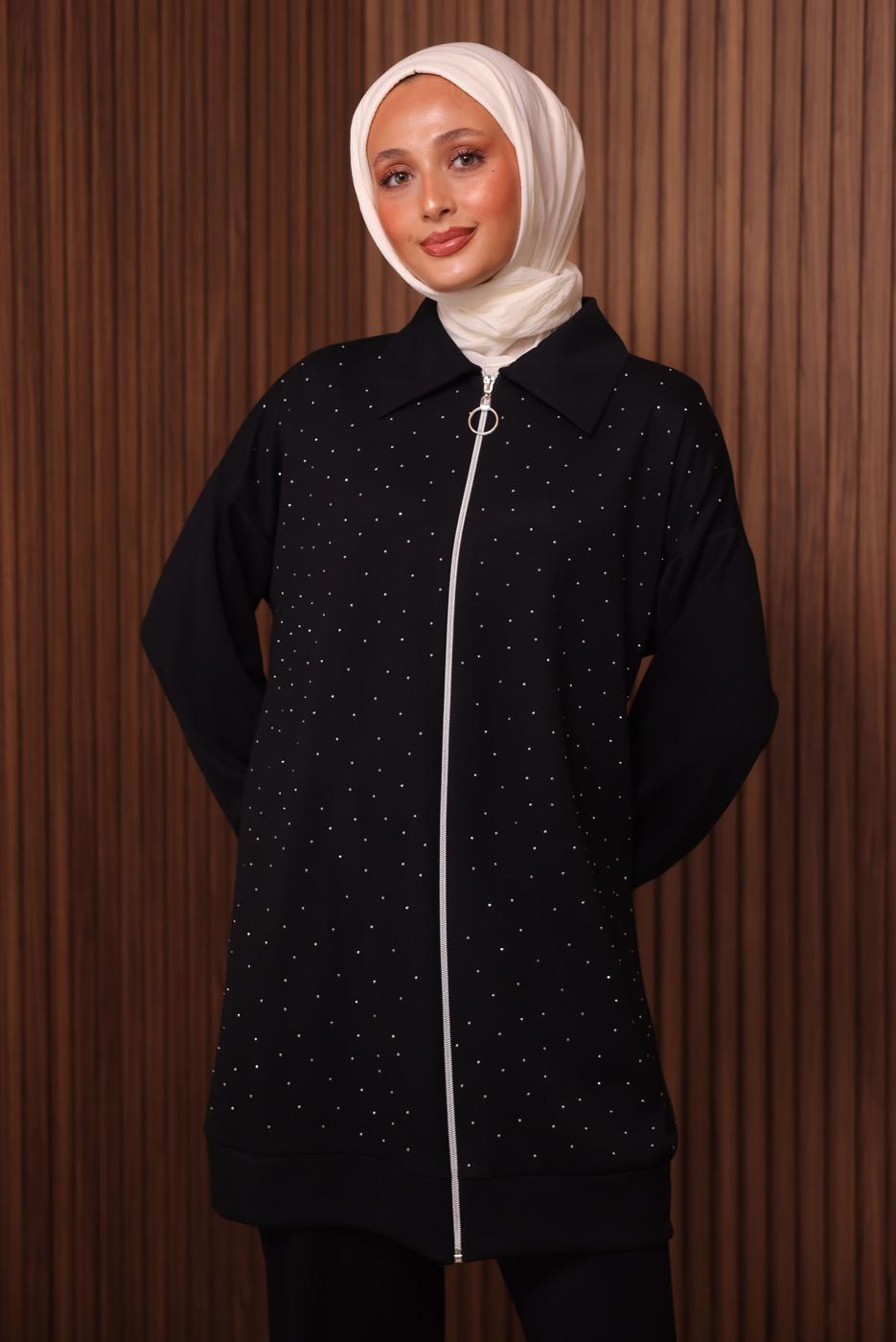 Tesettür giyim SİYAH TAŞ BASKILI PANTOLONLU TAKIM T 9035