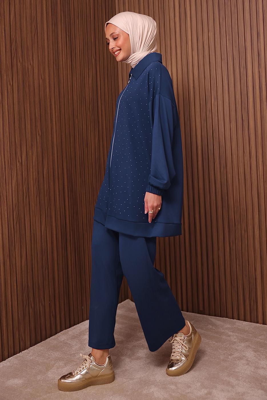 Tesettür giyim LACİVERT TAŞ BASKILI PANTOLONLU TAKIM T 9035