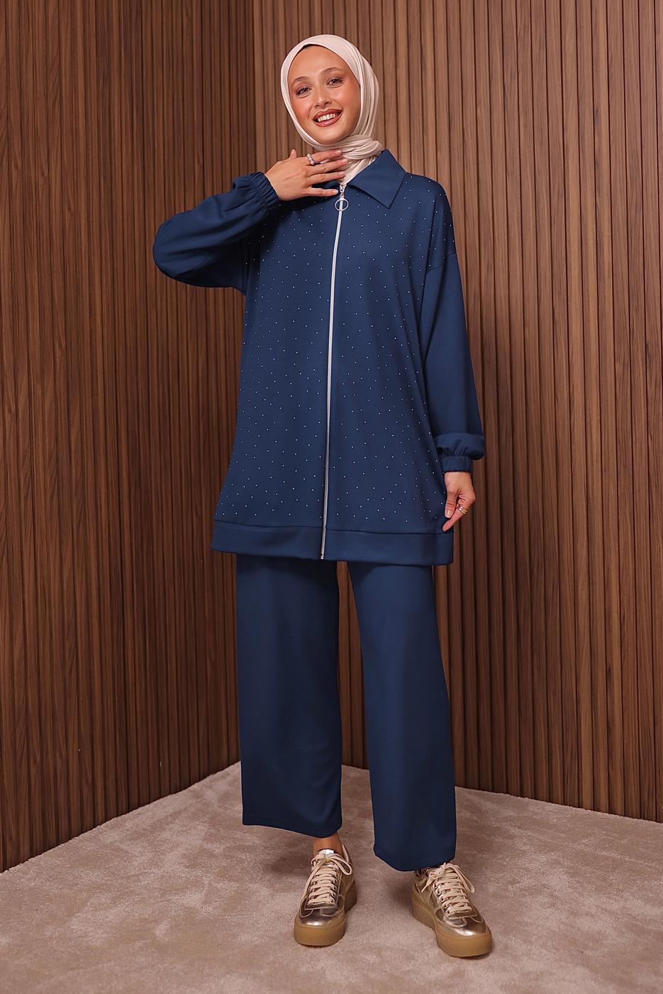Tesettür giyim LACİVERT TAŞ BASKILI PANTOLONLU TAKIM T 9035