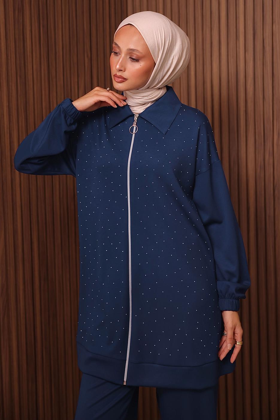 Tesettür giyim LACİVERT TAŞ BASKILI PANTOLONLU TAKIM T 9035