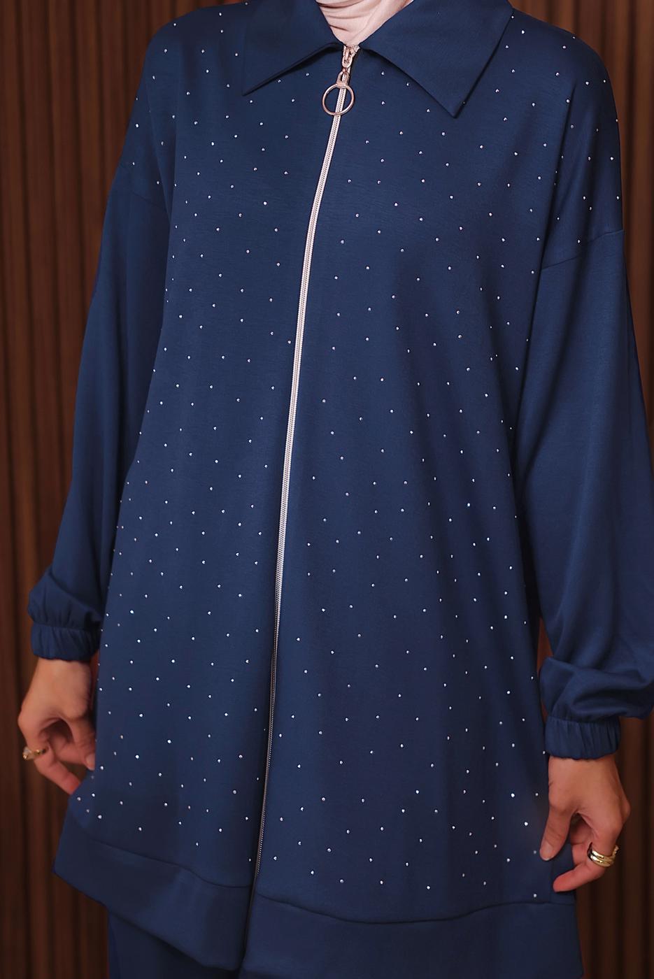 Tesettür giyim LACİVERT TAŞ BASKILI PANTOLONLU TAKIM T 9035