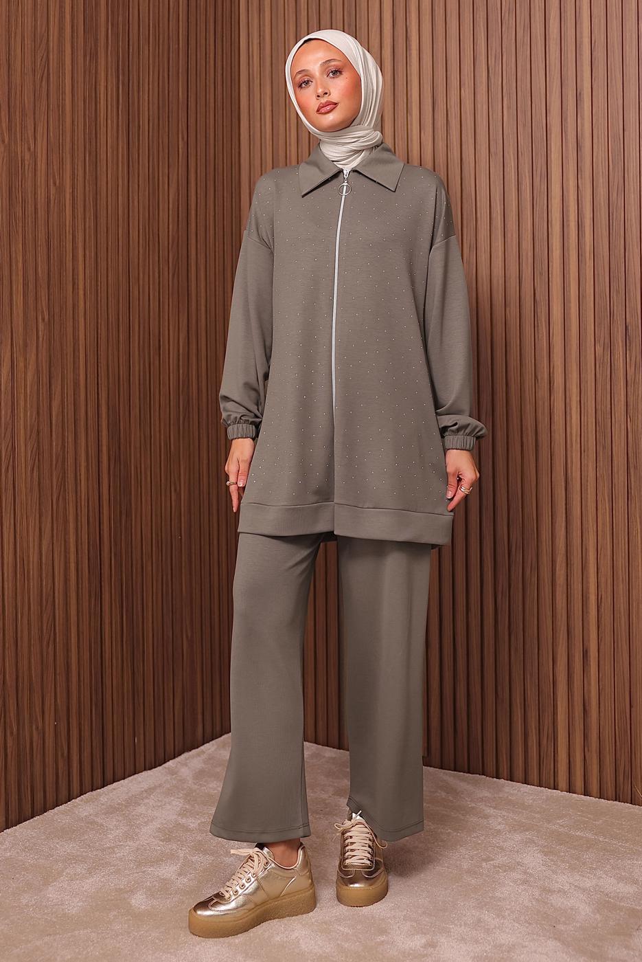 Tesettür giyim VİZON TAŞ BASKILI PANTOLONLU TAKIM T 9035