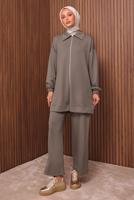 Tesettür giyim VİZON TAŞ BASKILI PANTOLONLU TAKIM T 9035