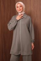 Tesettür giyim VİZON TAŞ BASKILI PANTOLONLU TAKIM T 9035