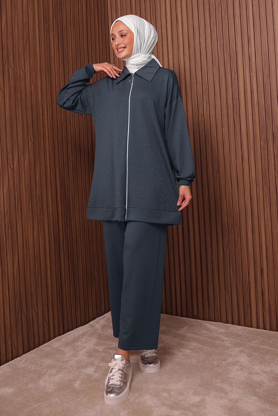 Tesettür giyim GRİ TAŞ BASKILI PANTOLONLU TAKIM T 9035