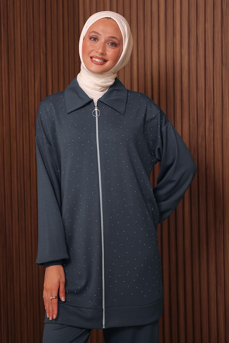 Tesettür giyim GRİ TAŞ BASKILI PANTOLONLU TAKIM T 9035