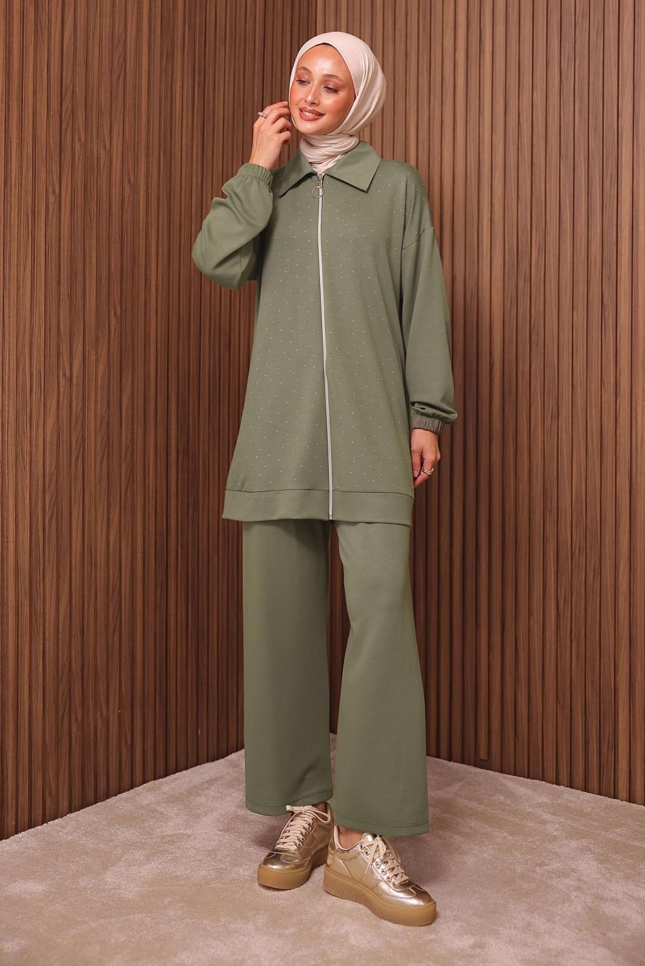 Tesettür giyim YEŞİL TAŞ BASKILI PANTOLONLU TAKIM T 9035