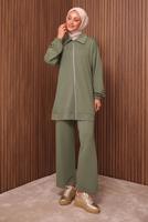 Tesettür giyim YEŞİL TAŞ BASKILI PANTOLONLU TAKIM T 9035