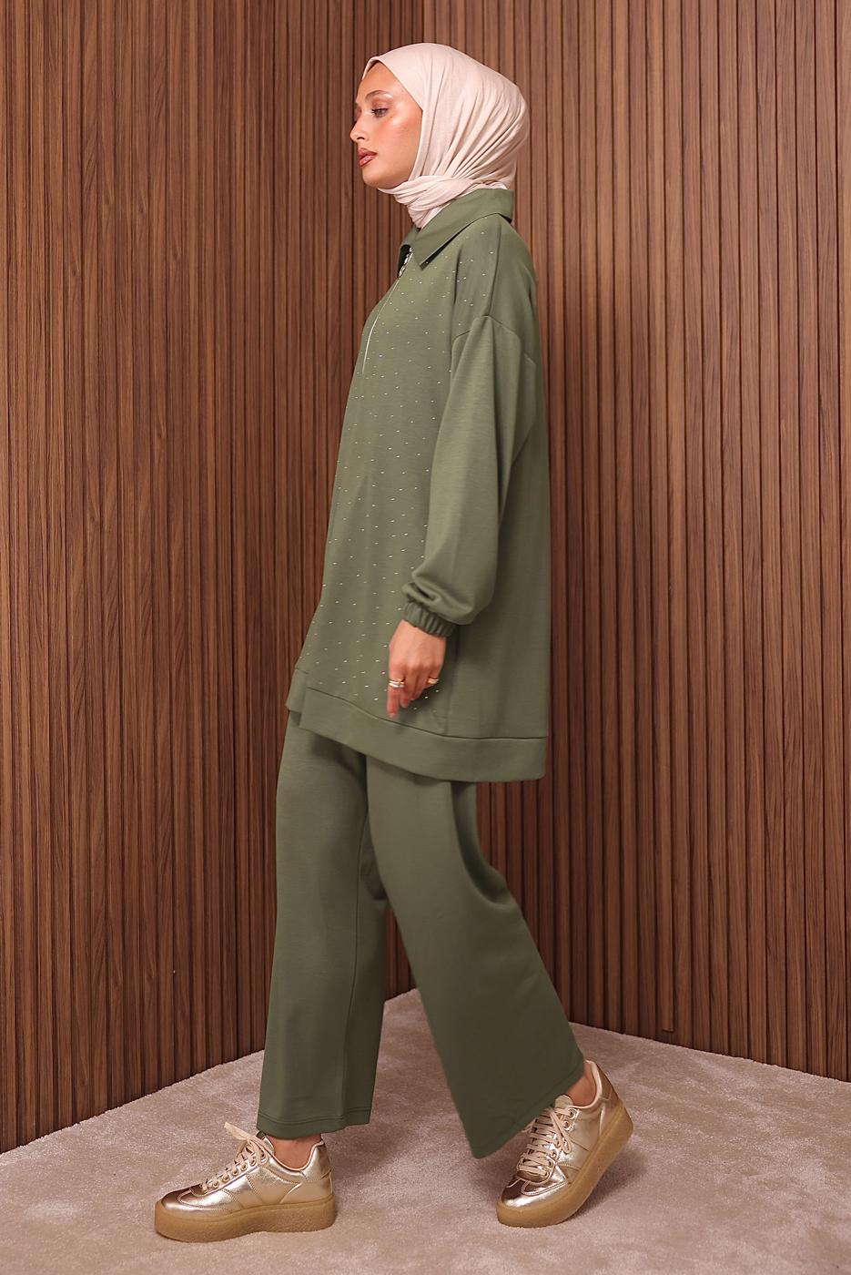 Tesettür giyim YEŞİL TAŞ BASKILI PANTOLONLU TAKIM T 9035