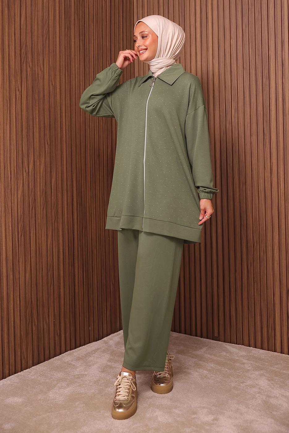 Tesettür giyim YEŞİL TAŞ BASKILI PANTOLONLU TAKIM T 9035