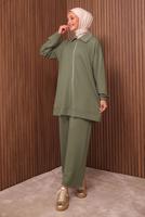 Tesettür giyim YEŞİL TAŞ BASKILI PANTOLONLU TAKIM T 9035