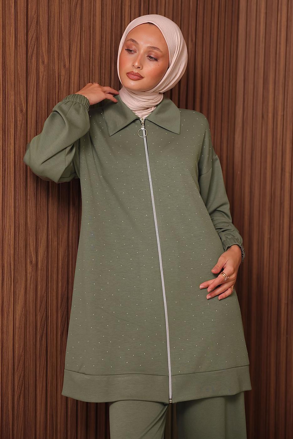 Tesettür giyim YEŞİL TAŞ BASKILI PANTOLONLU TAKIM T 9035