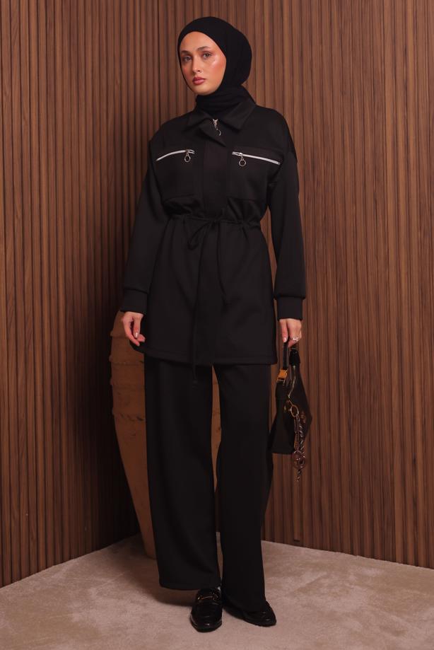 Tesettür giyim SİYAH PANTOLONLU SCUBA ÖRME TAKIM T 9235 - TRENDTESETTÜR