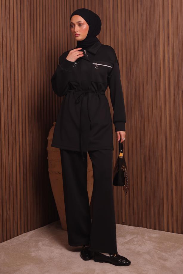 Tesettür giyim SİYAH PANTOLONLU SCUBA ÖRME TAKIM T 9235 - TRENDTESETTÜR