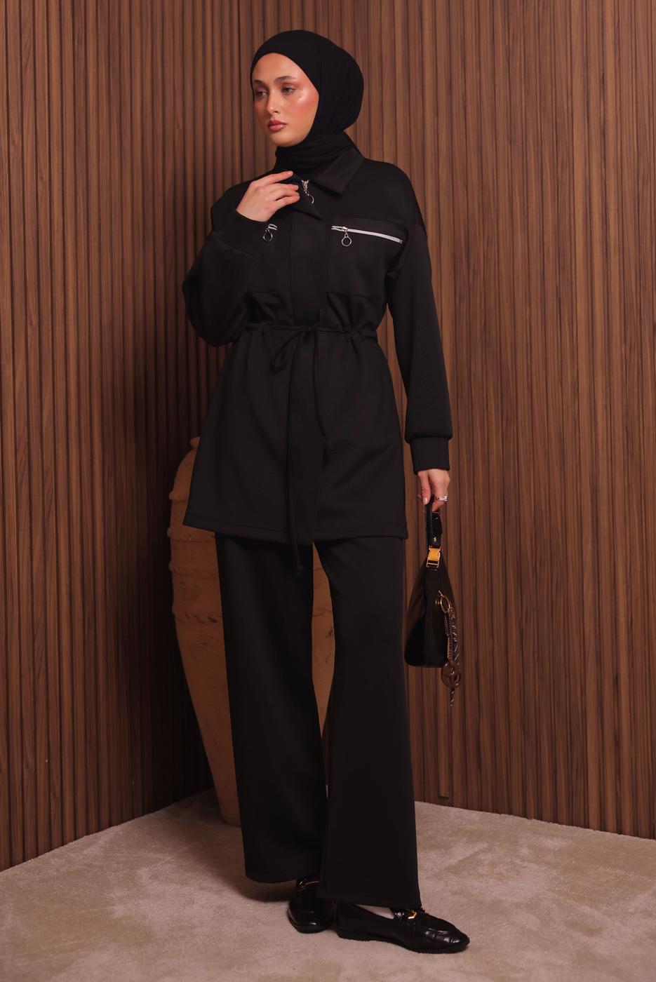 Tesettür giyim SİYAH PANTOLONLU SCUBA ÖRME TAKIM T 9235