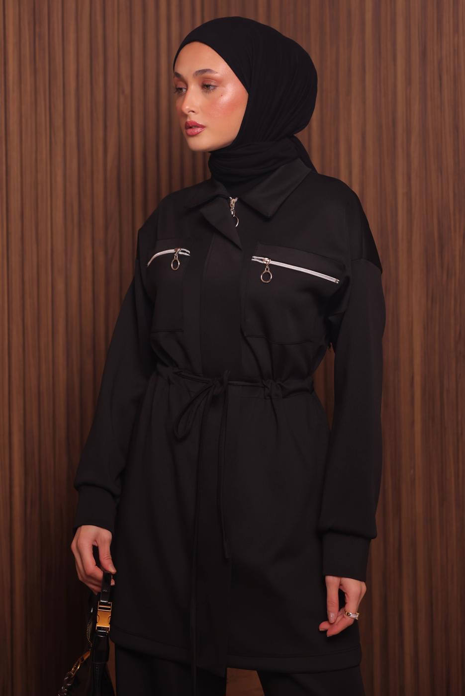 Tesettür giyim SİYAH PANTOLONLU SCUBA ÖRME TAKIM T 9235