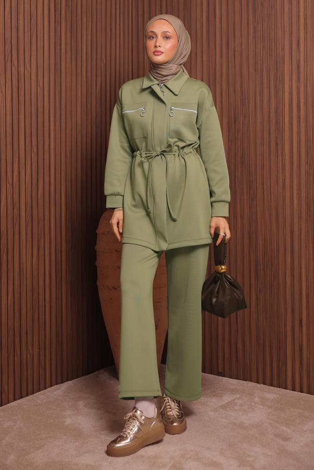 Tesettür giyim YEŞİL PANTOLONLU SCUBA ÖRME TAKIM T 9235 - TRENDTESETTÜR