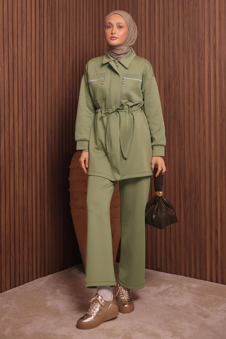 Tesettür giyim YEŞİL PANTOLONLU SCUBA ÖRME TAKIM T 9235