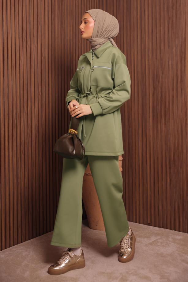 Tesettür giyim YEŞİL PANTOLONLU SCUBA ÖRME TAKIM T 9235 - TRENDTESETTÜR