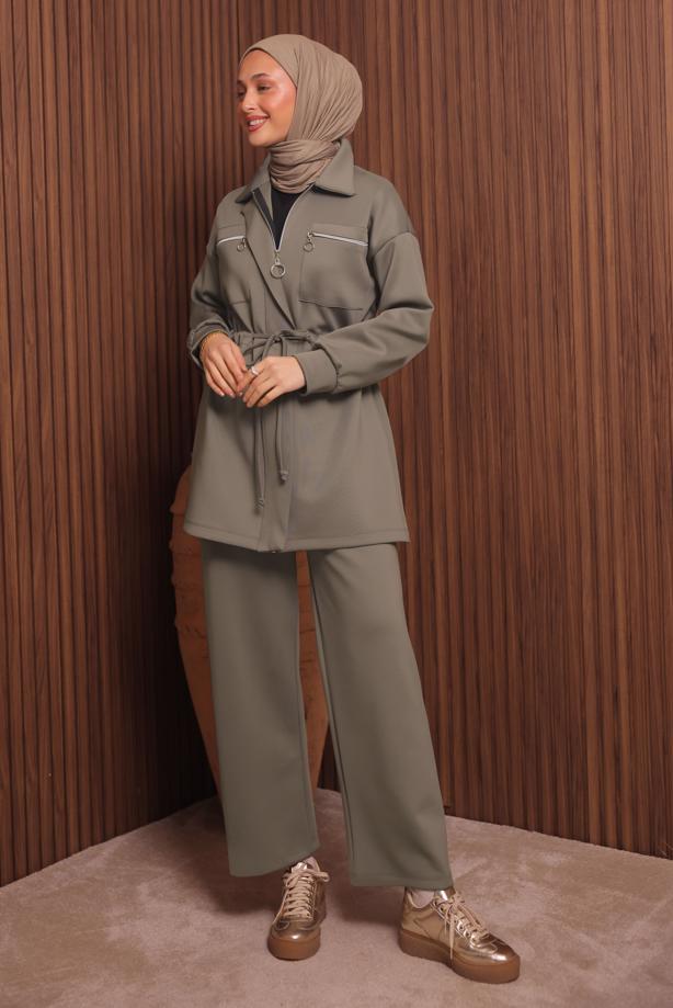 Tesettür giyim KAHVE PANTOLONLU SCUBA ÖRME TAKIM T 9235 - TRENDTESETTÜR