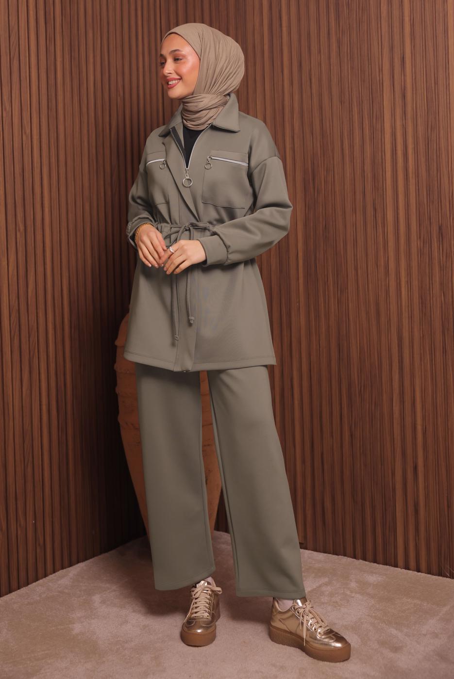 Tesettür giyim KAHVE PANTOLONLU SCUBA ÖRME TAKIM T 9235