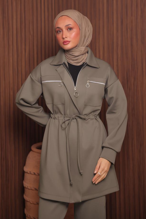 Tesettür giyim KAHVE PANTOLONLU SCUBA ÖRME TAKIM T 9235 - TRENDTESETTÜR