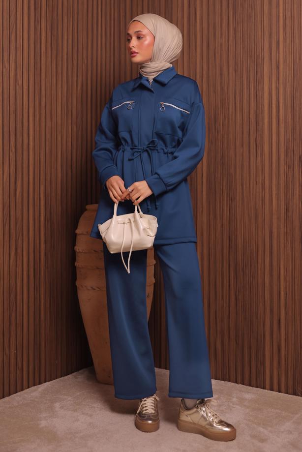 Tesettür giyim LACİVERT PANTOLONLU SCUBA ÖRME TAKIM T 9235 - TRENDTESETTÜR
