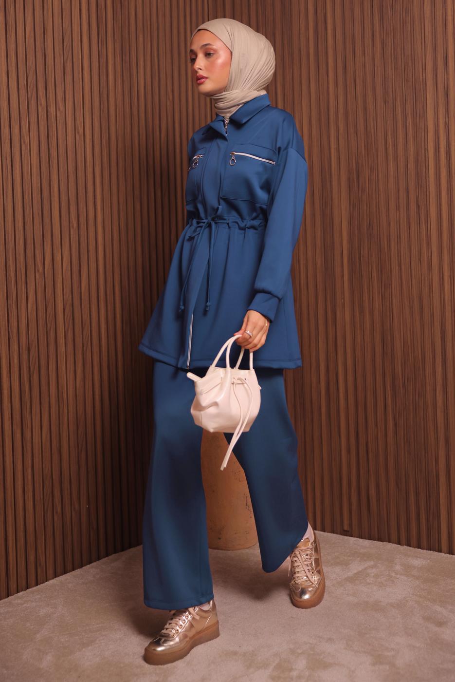 Tesettür giyim LACİVERT PANTOLONLU SCUBA ÖRME TAKIM T 9235