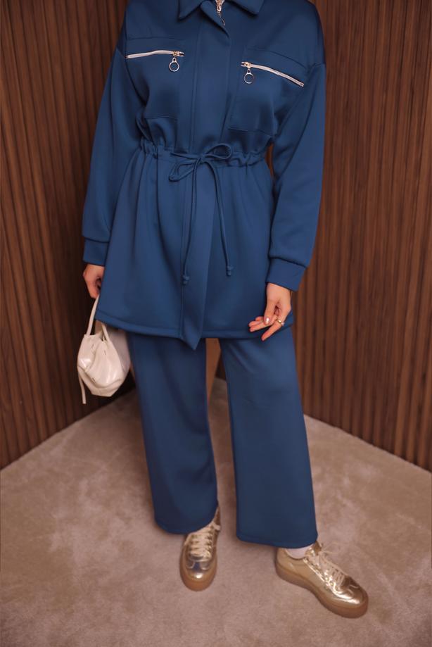 Tesettür giyim LACİVERT PANTOLONLU SCUBA ÖRME TAKIM T 9235 - TRENDTESETTÜR